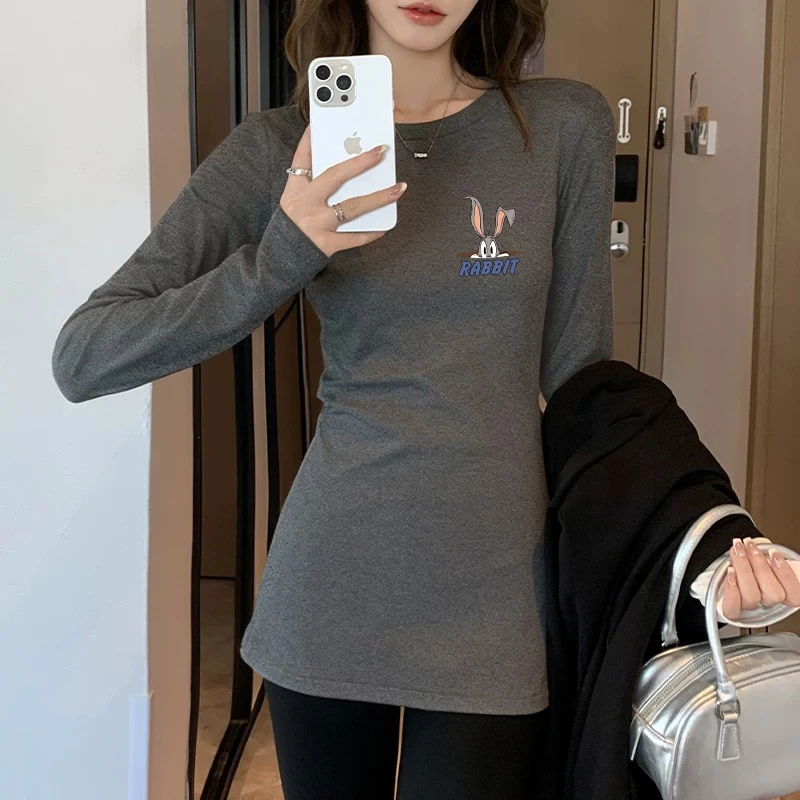 正肩圆领中长款内搭长袖加厚德绒打底衫灰色秋冬上衣女士修身t恤