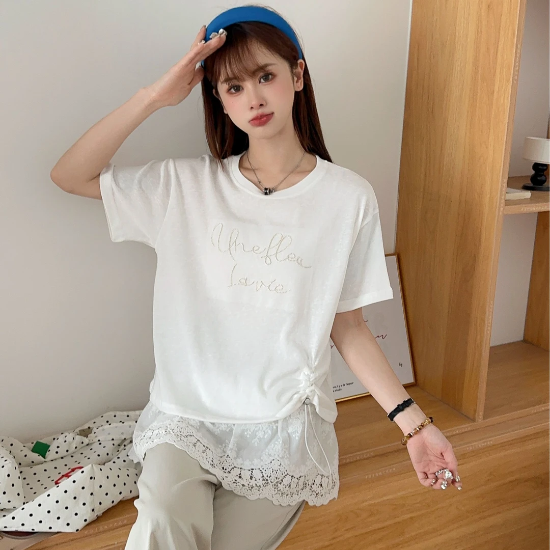 2025-1【韩国小订单金标】新款韩系宽松显瘦圆领拱桥刺绣抽绳下摆