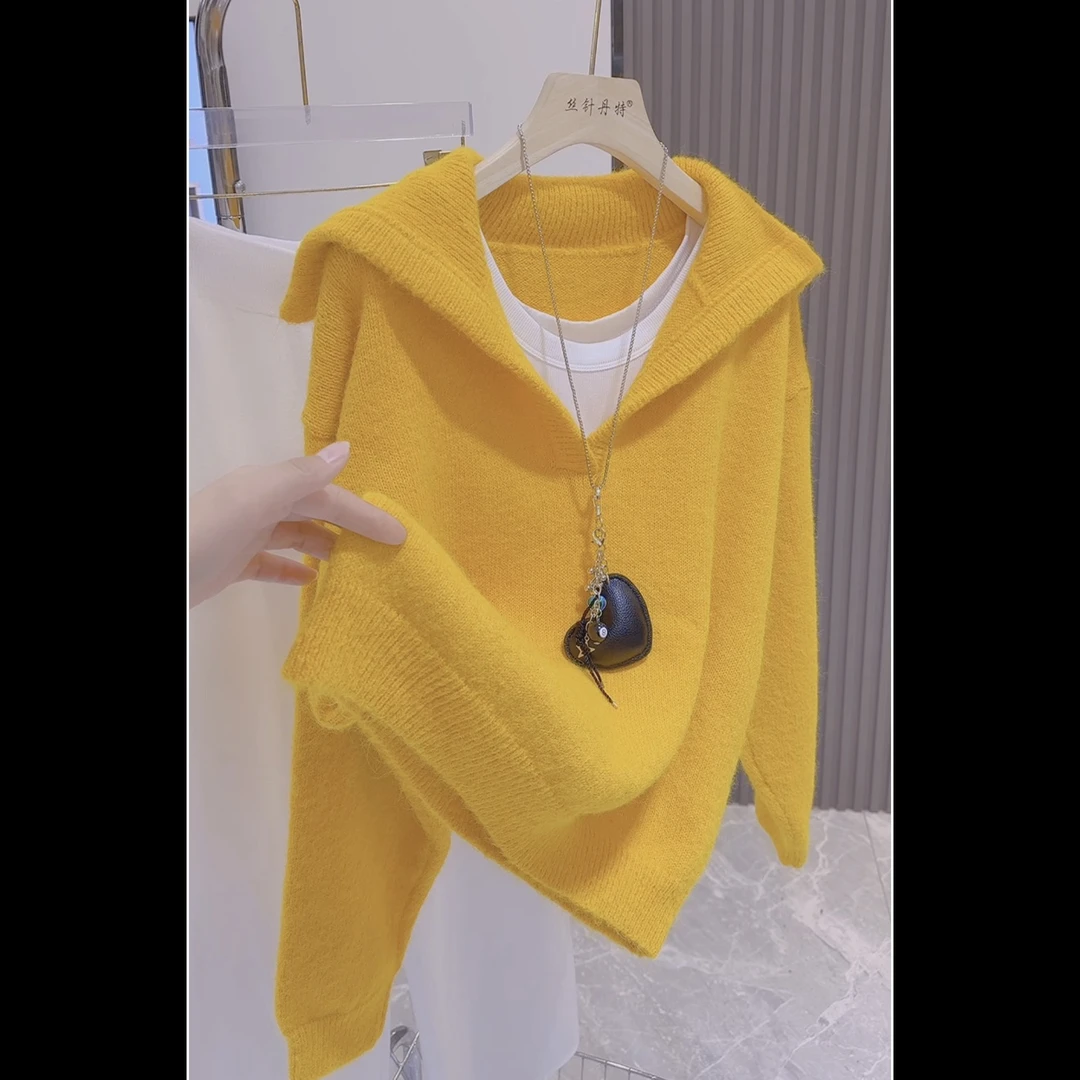 大码欧货老钱风绿色v领毛衣女秋冬慵懒风高级感加厚翻领针织上衣