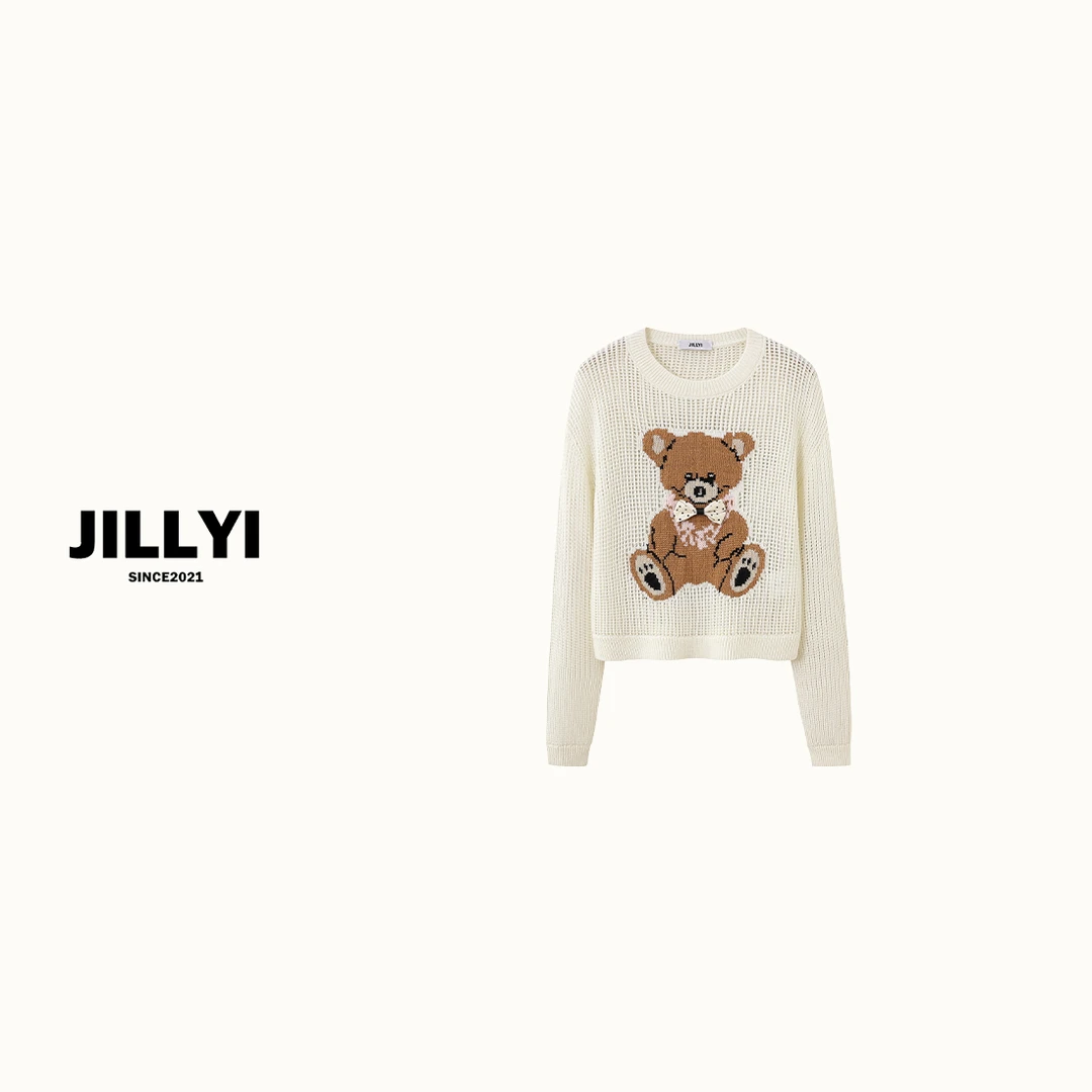 jillyi【小熊摇篮曲】白色圆领可爱小熊针织衫秋季可爱时尚百搭