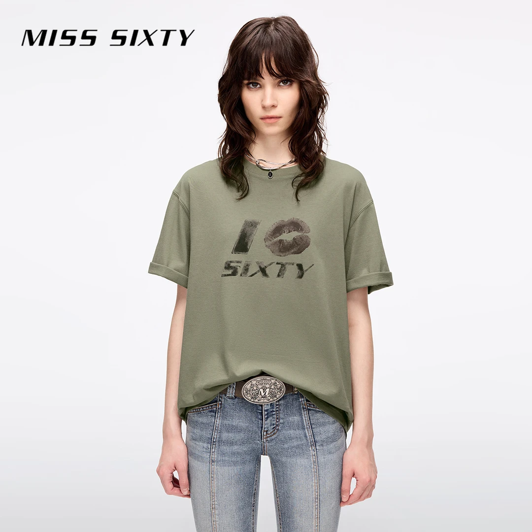 Miss Sixty2025夏季新款短袖棉麻T恤女圆领复古印花中长款中性风