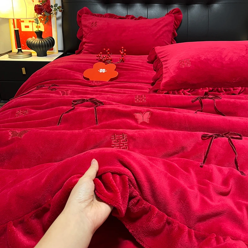 冬季结婚 绒类保暖牛奶绒深红色婚庆四件套婚礼简约纯色床上用品