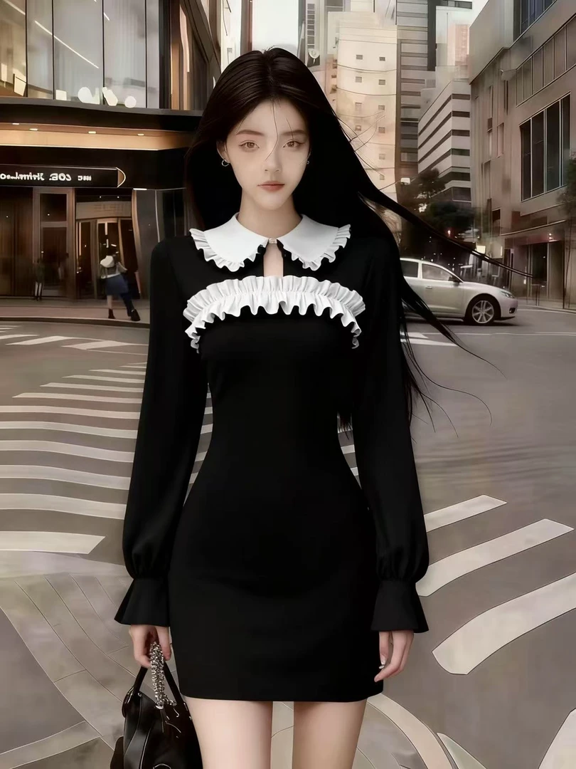 轻奢气质名媛辣妹风黑白撞色翻领修身收腰长袖包臀显瘦性感连衣裙