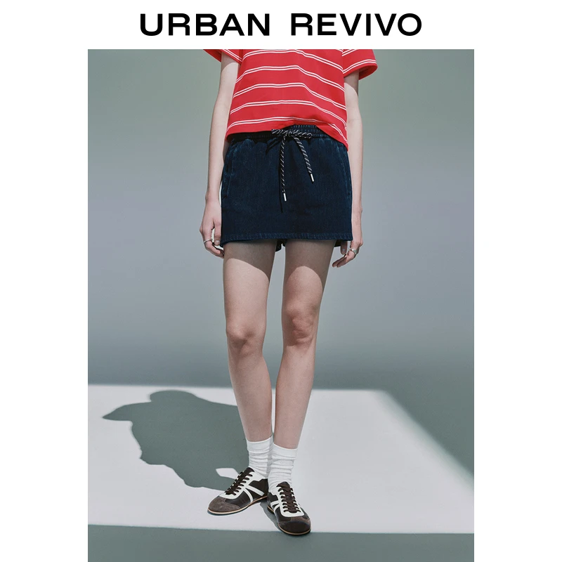 UR2025夏季新款女装复古学院风松紧腰抽绳牛仔短裤UYU850061