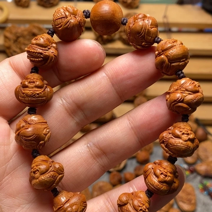 桃核手工雕刻财神手串