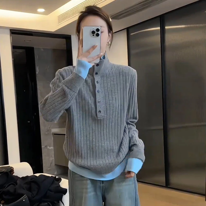 春秋新款洋气小众减龄拼接立领针织衫设计感时尚撞色显瘦遮肉毛衣