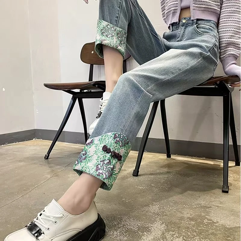 新中式烟管牛仔裤女2025新款春秋小个子九分裤国风盘扣窄版直筒裤