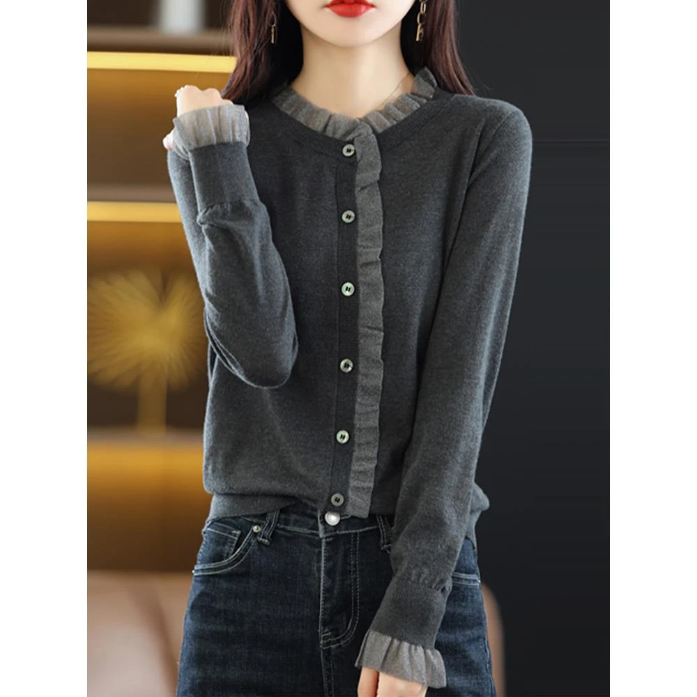 蕾丝针织开衫女士春秋毛衣上衣薄2025新款大尺寸底衬衫西式外上衣