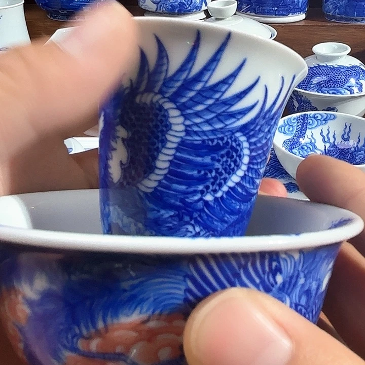 J***g青花手工手绘两个杯凤纹