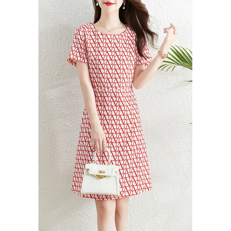 法式高级感格纹印花短袖连衣裙女夏季2025新款收腰显瘦气质a字裙