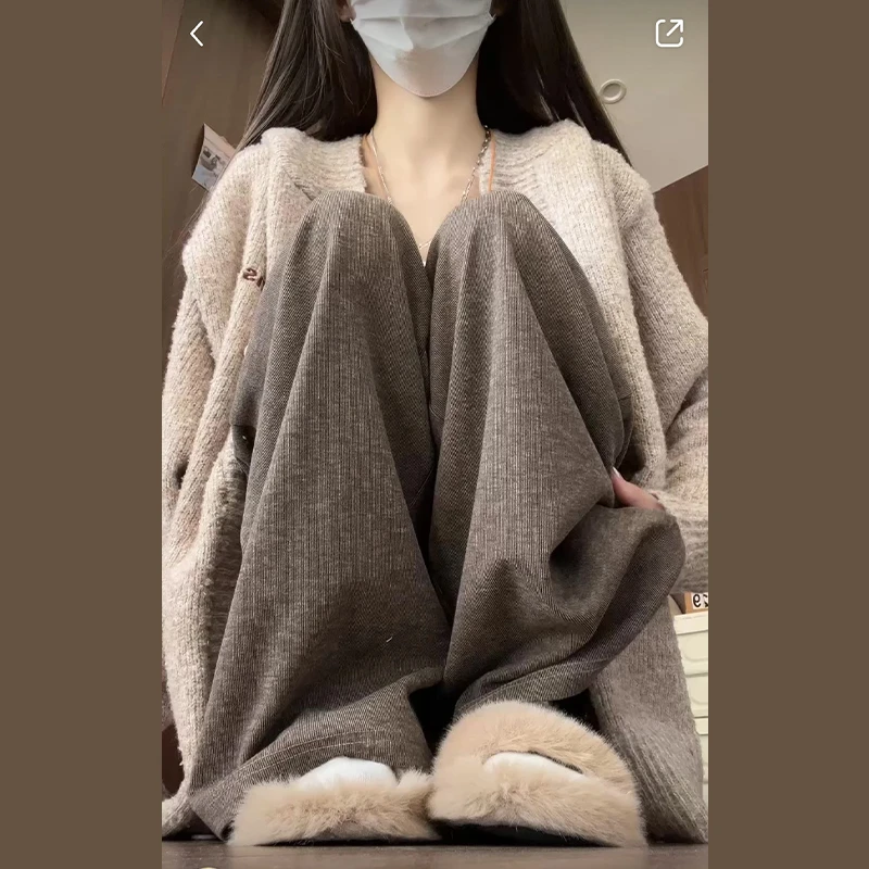 咖色加绒阔腿裤女春秋冬高腰直筒垂感慵懒宽松针织窄版糯米裤子
