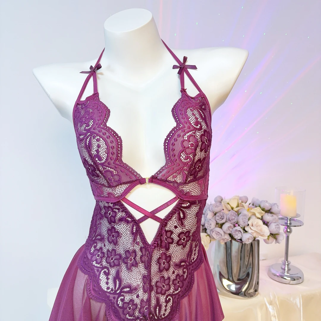 【80-130】韵味性感蕾丝刺绣挂脖系绳裤裙睡衣显瘦清透连体露背