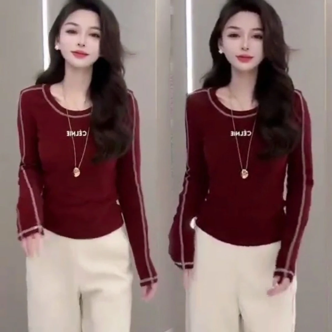 168时尚爆款简约遮肉T恤通勤洋气长袖上衣修身新款印花圆领打底衫