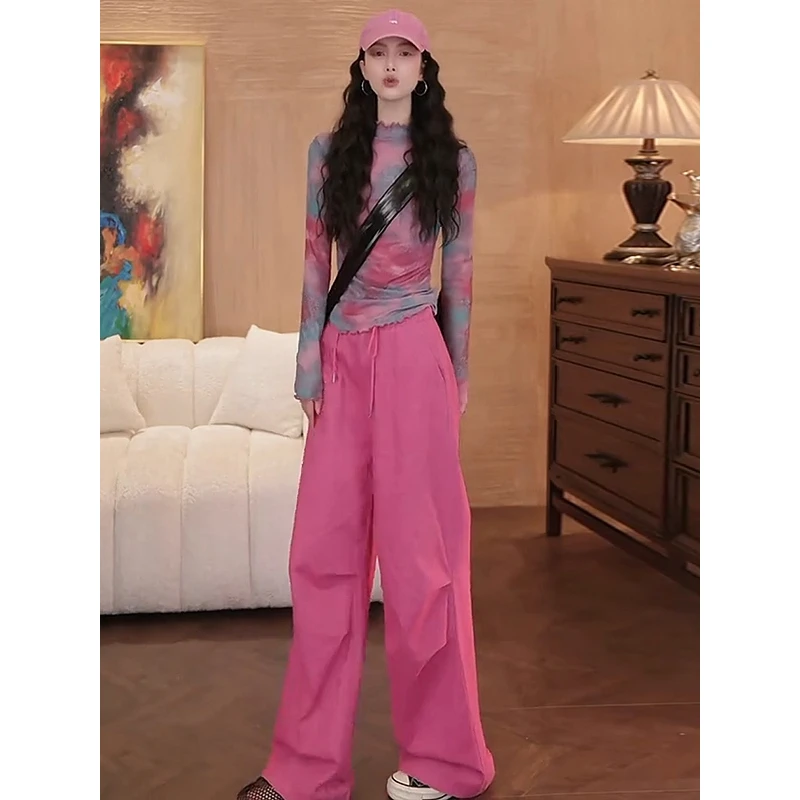 拉夏贝尔时尚套装女2025春秋季新款印花T恤工装阔腿裤休闲两件套