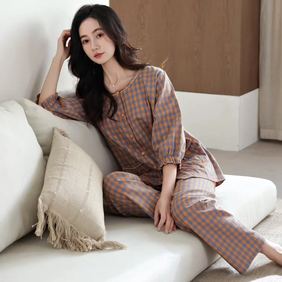 2025春秋新款七分袖睡衣女薄款宽松大码韩版夏天半袖家居服套装