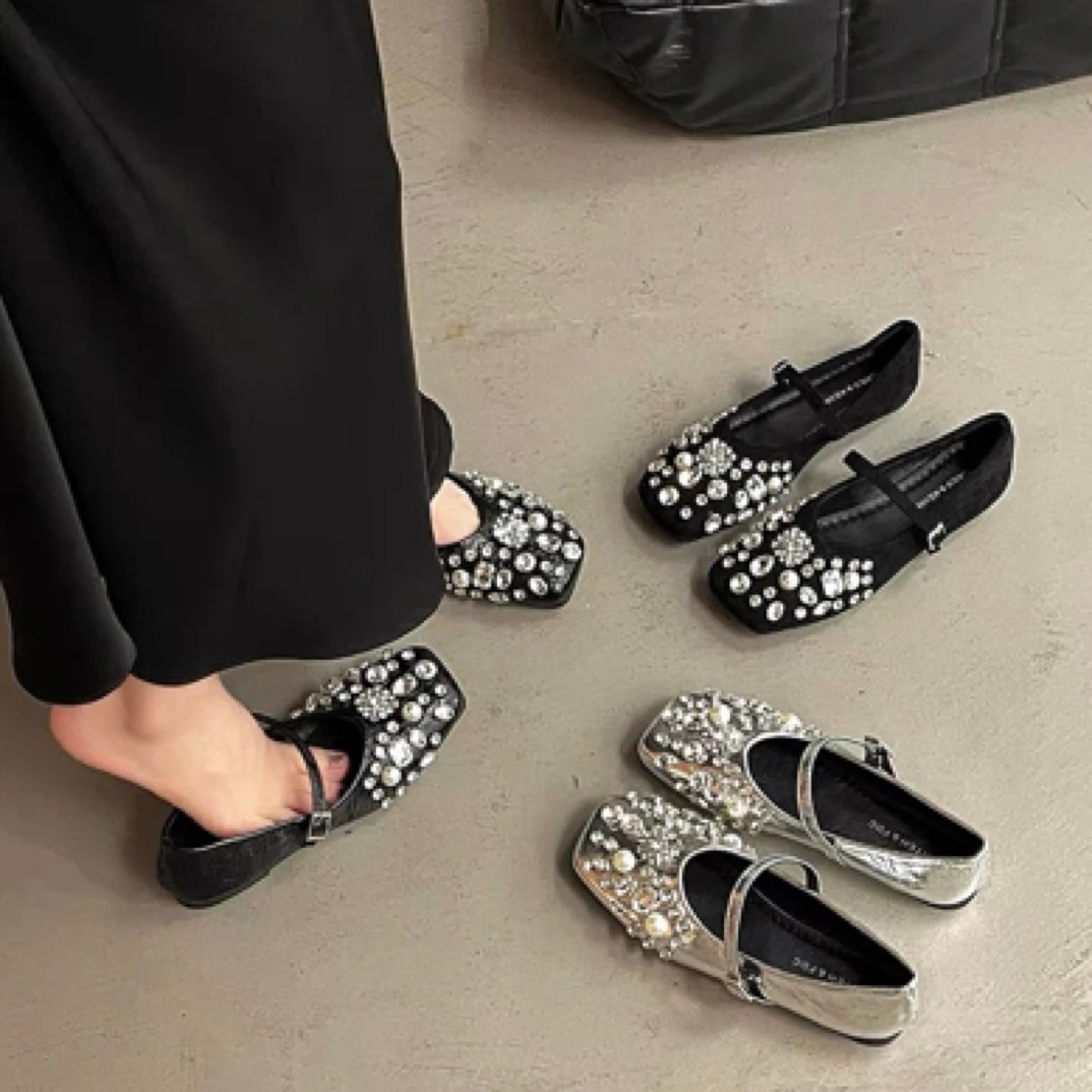 【SiSi】新疆包邮2025夏季新款浅口仙女单鞋水钻晚晚风温柔方头平底