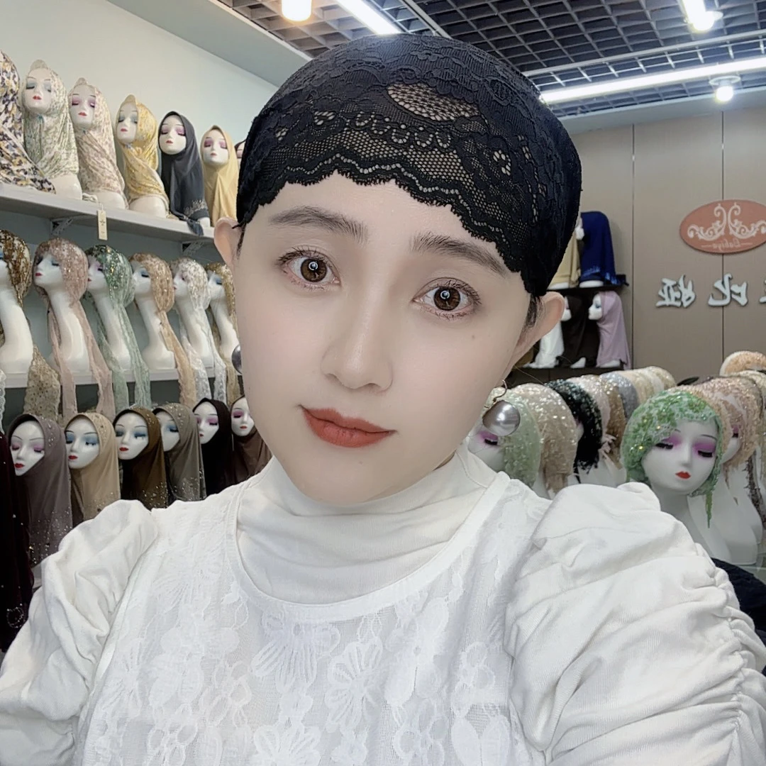 蕾丝弹力打底高端新款款包头镂空女士帽子百搭美人尖女士帽子新款