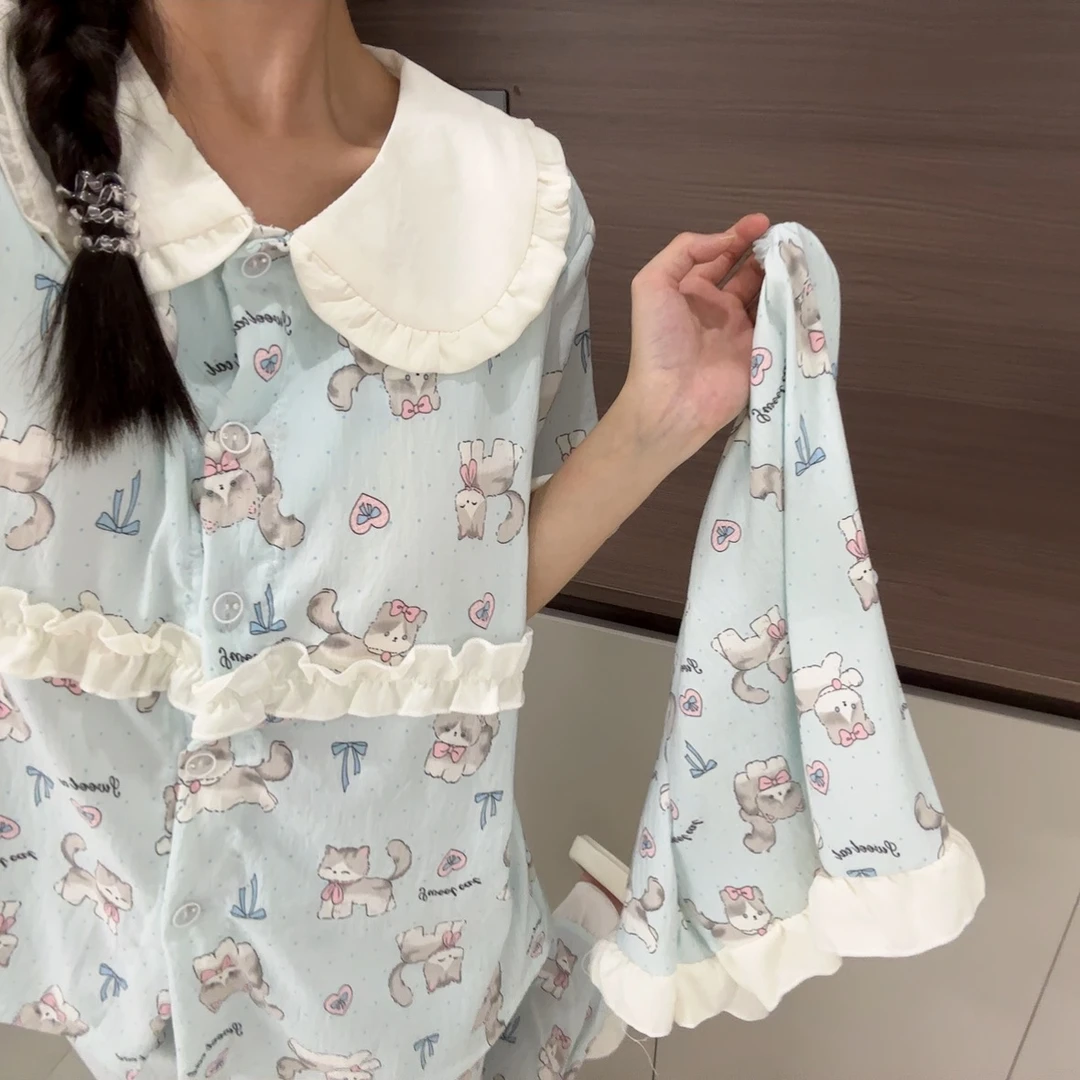 卡通可爱睡衣女夏季卡通可爱学生短裤长裤韩系ins风三件套家居服