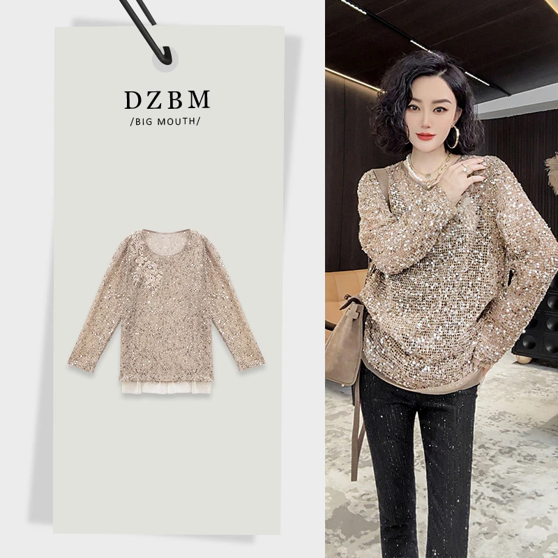 【DZBM】2025早秋新款重工亮片花朵装饰蕾丝拼接上衣-S5345