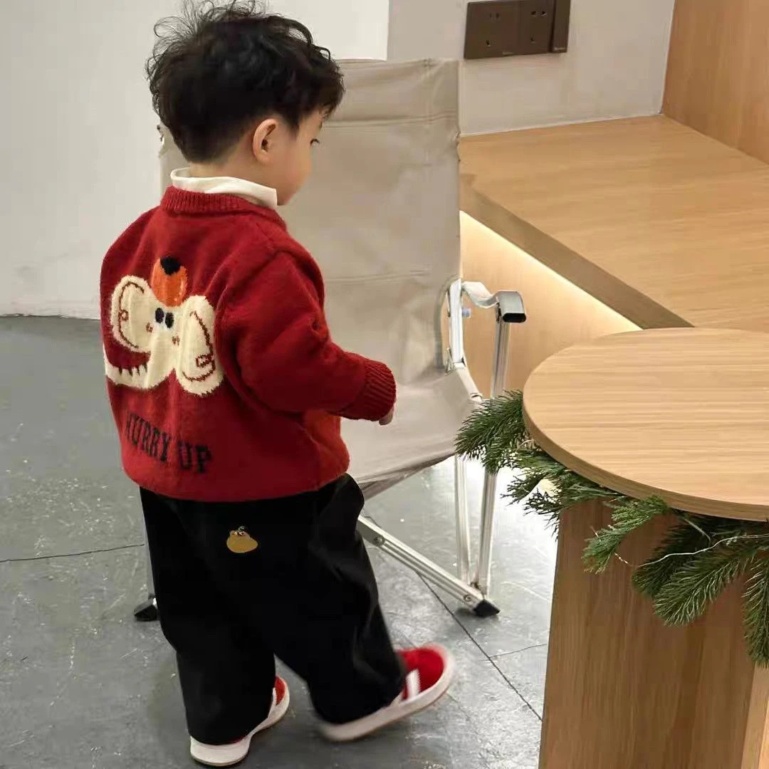 男童套装儿童冬季毛衣宝宝洋气外套新年红色针织开衫加绒休闲裤子