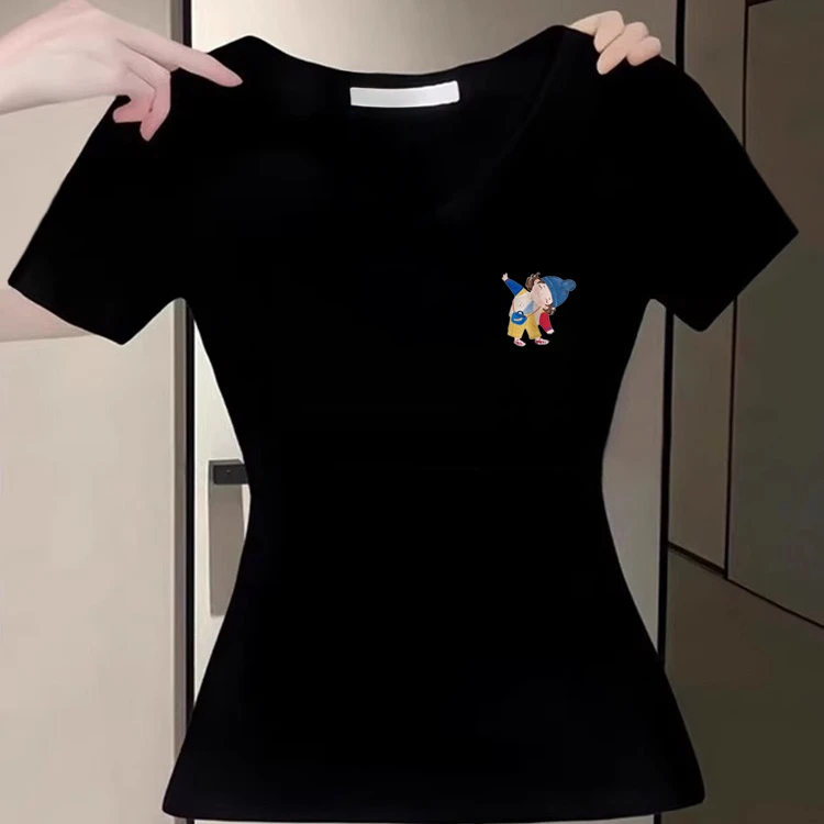 2025新款盐系辣妹纯欲气质印花V领短袖T恤夏季收腰显瘦百搭上衣女