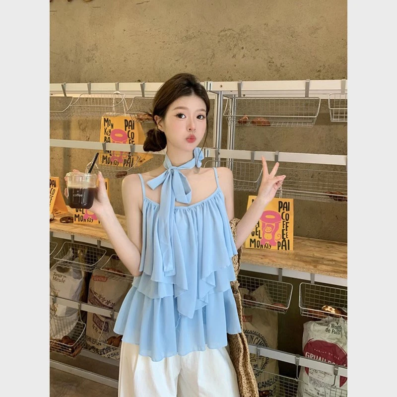 海边度假飘带挂脖蓝色吊带背心女夏季外穿气质宽松荷叶边雪纺上衣