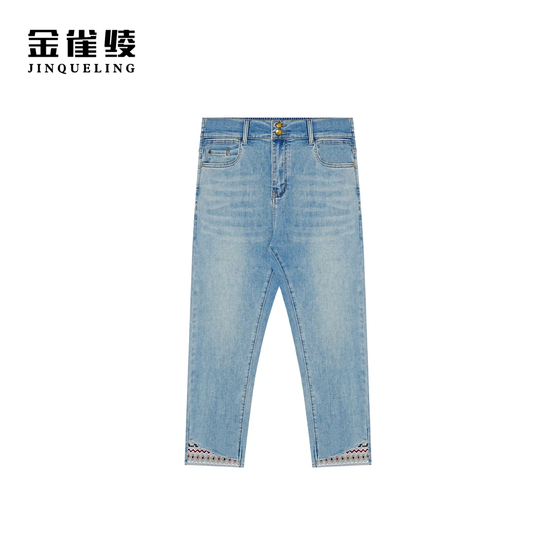 金雀绫【浪浪裤】时尚百搭休闲刺绣款烟管九分牛仔裤SZK1KLW03