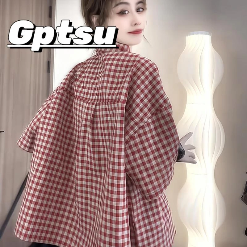 GPTSu大码300斤法式复古短袖格子衬衫女款夏季高级感时尚宽松上衣