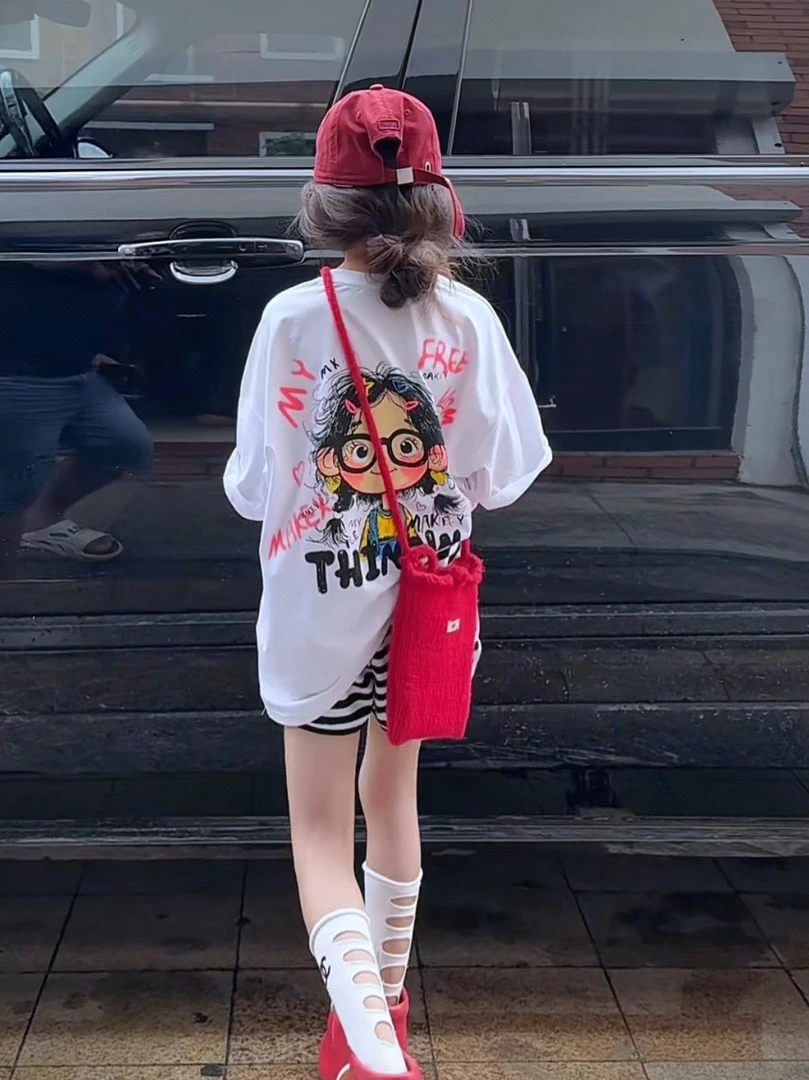 女童夏季套装2025新款儿童韩版洋气卡通短袖短裤两件套女大童夏装