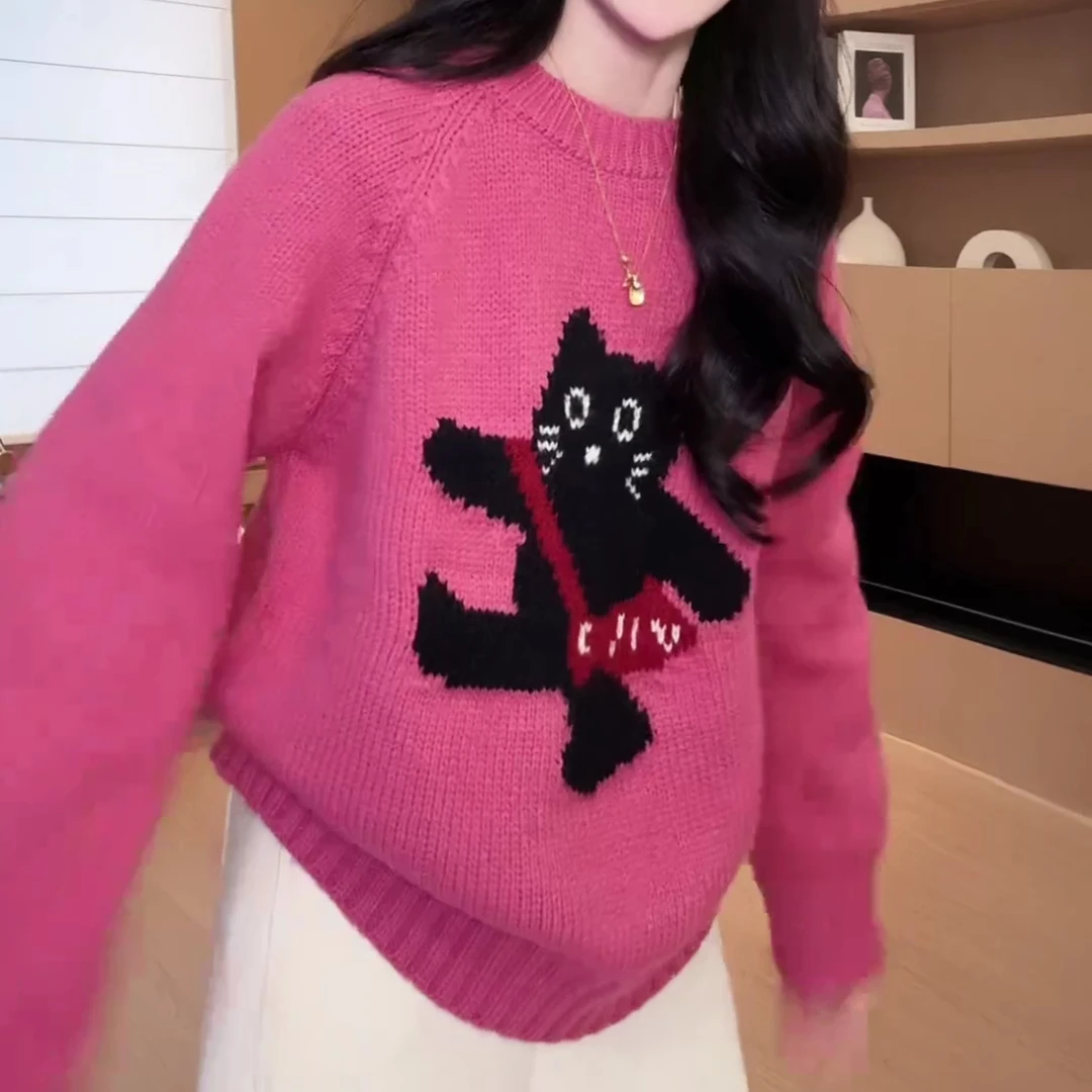 2024秋冬新款套头毛衣猫咪长袖针织衫上衣内搭打底衫LK2501258