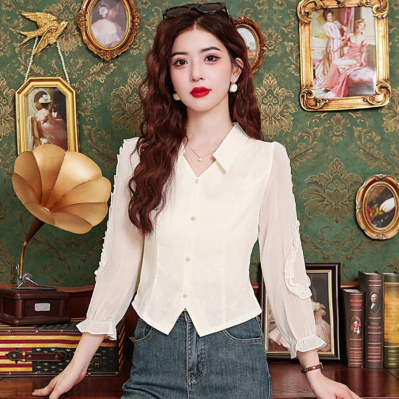拼接秋季雪纺衫衬衫春季洋气显瘦牛角袖长袖常规复古春秋气质衬衣
