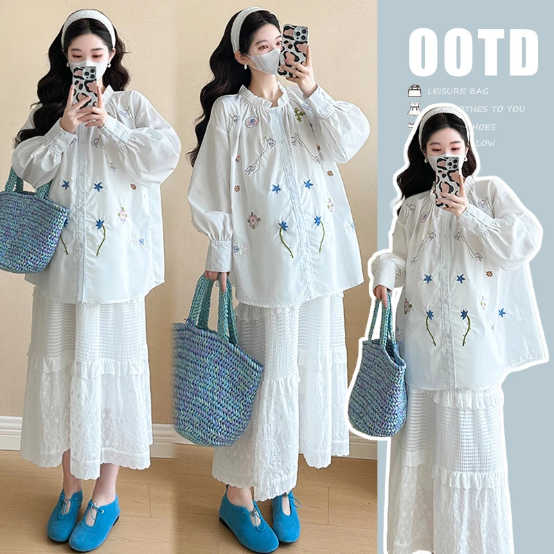 【嗒嗒】2025春款孕妇套装减龄刺绣衬衫+蕾丝半身裙两件套套装
