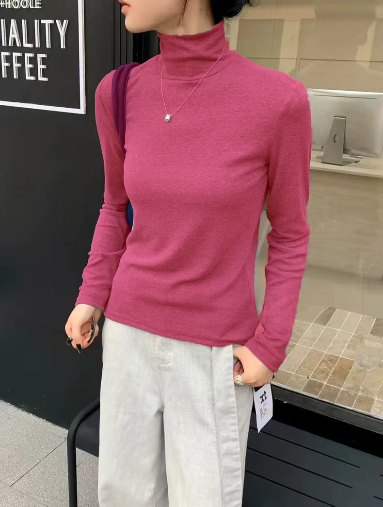 女高领带胸托长袖内搭T恤修身显瘦线条感时尚设计感潮流百搭H809