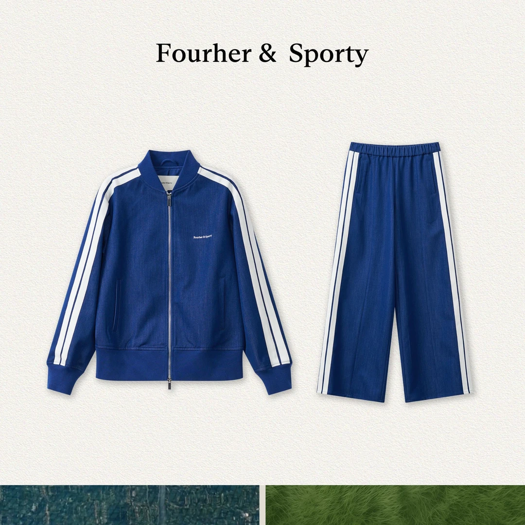 FOURHER 航海冒险 Sporty 明星款 撞色白杠牛仔风棒球夹克/运动裤