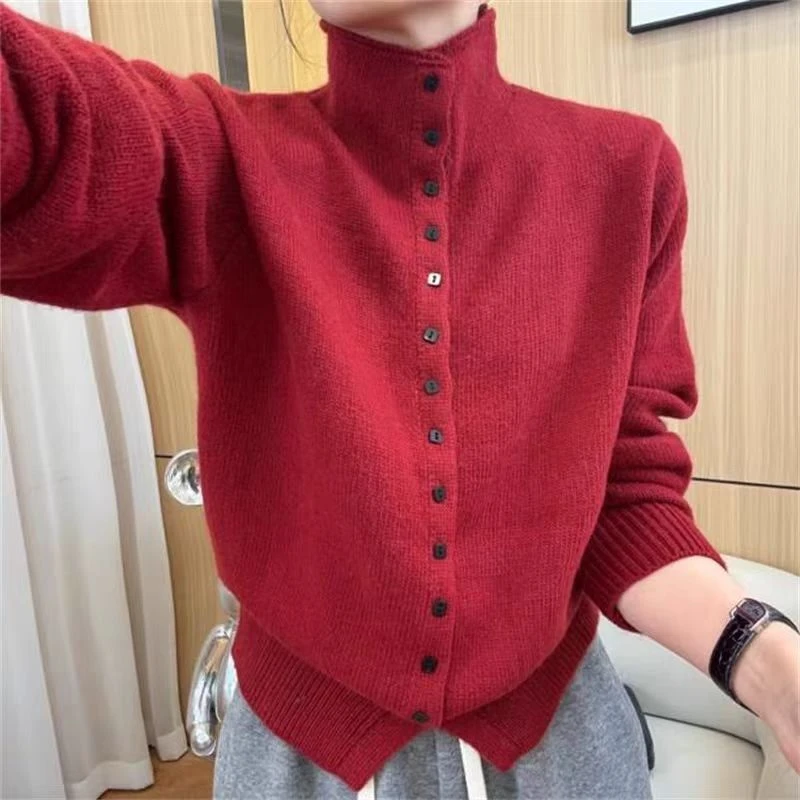 【方扣红色】红色一排扣加厚立领百搭纯色新年红针织加厚开衫女