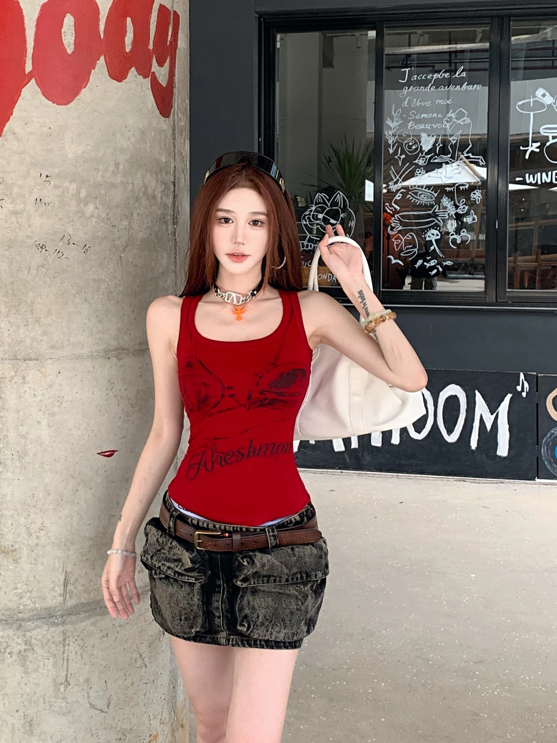 美式辣妹涂鸦印花无袖工字小背心女夏季修身显瘦吊带外穿内搭上衣