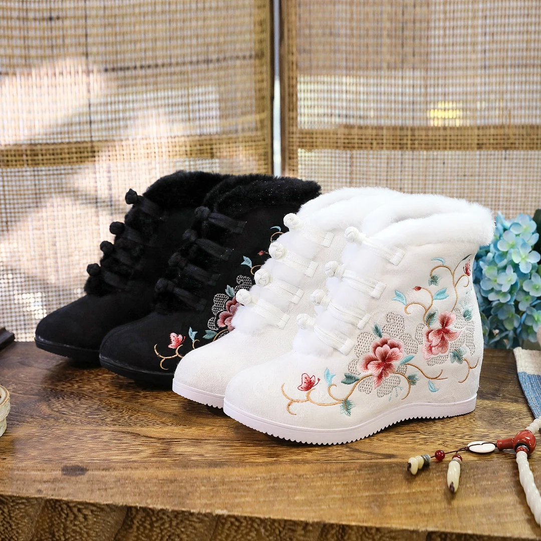 【锦绣江南】棉靴冬季夹棉加绒高跟棉靴古风盘扣金丝绣绣花毛口棉鞋