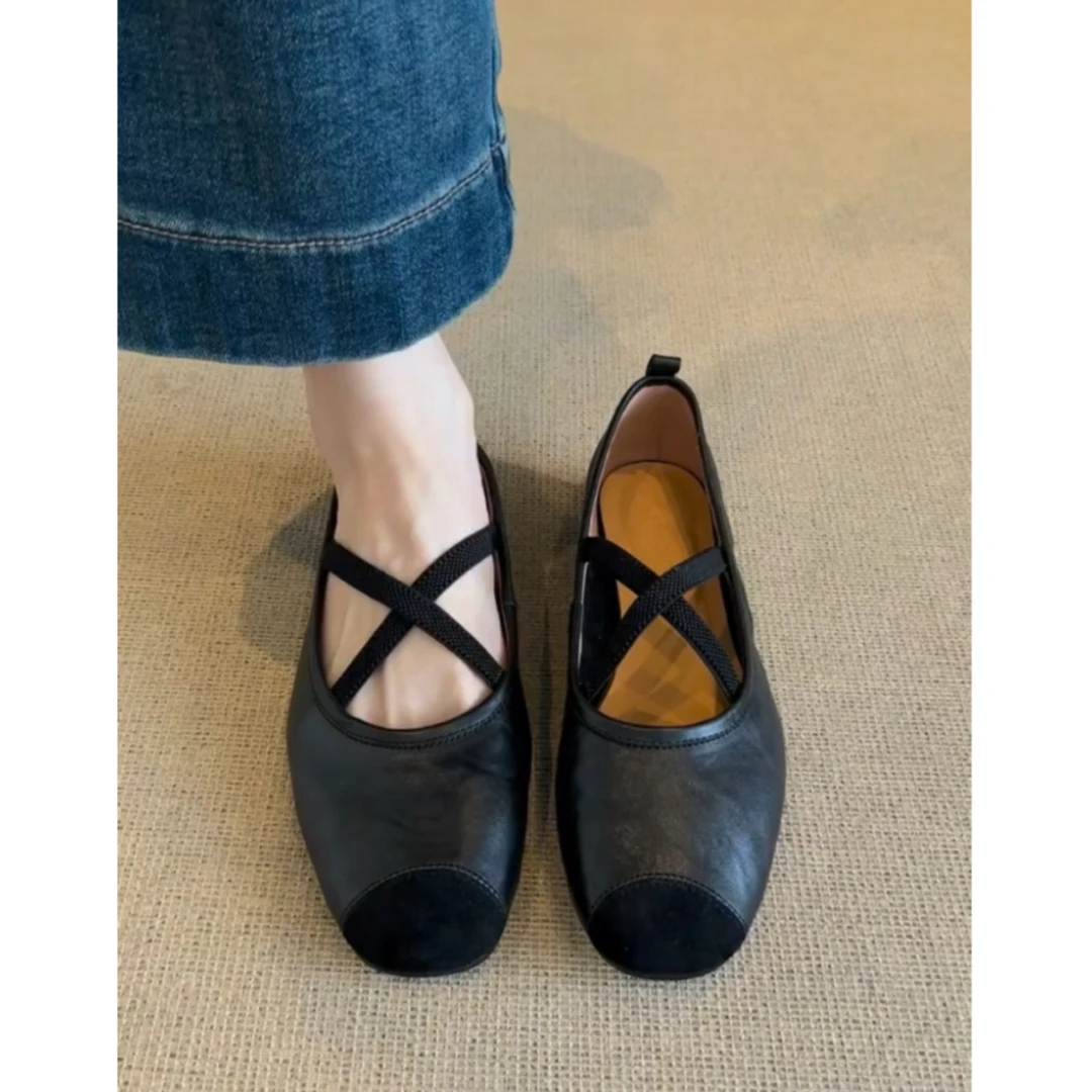 超软小羊皮~单鞋女平底交叉带软底芭蕾鞋黑色鞋子配裙子玛丽珍鞋