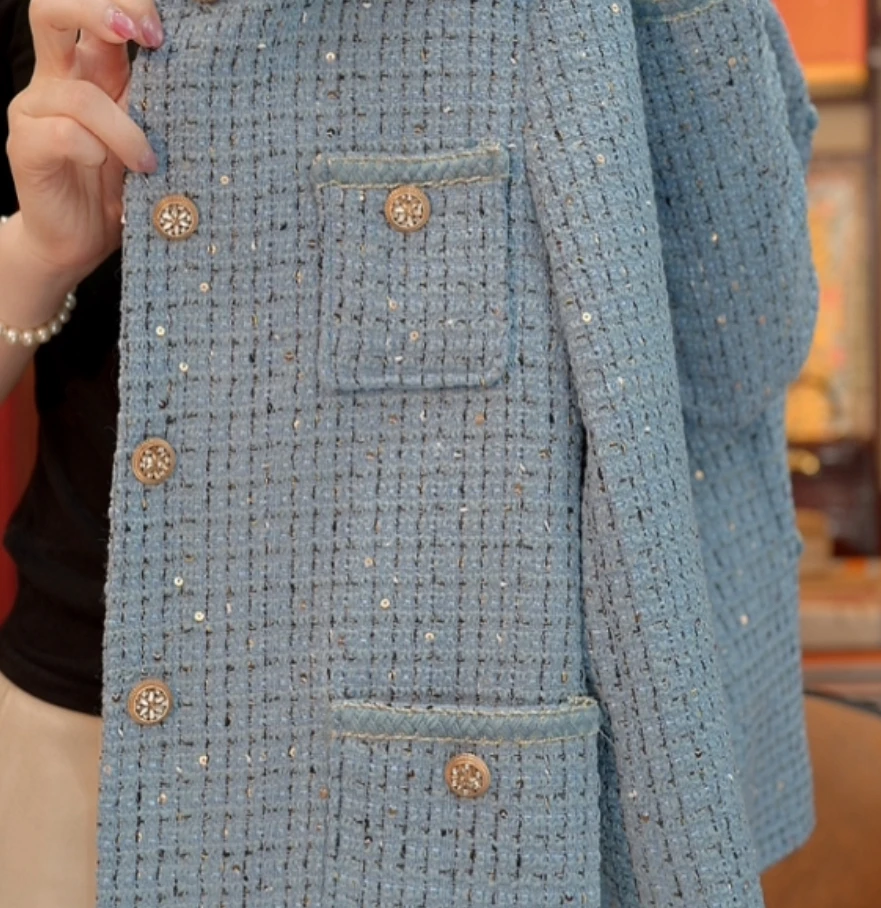 XA-【碧水青蓝】气质小香风外套时尚设计亮片浅蓝色上衣