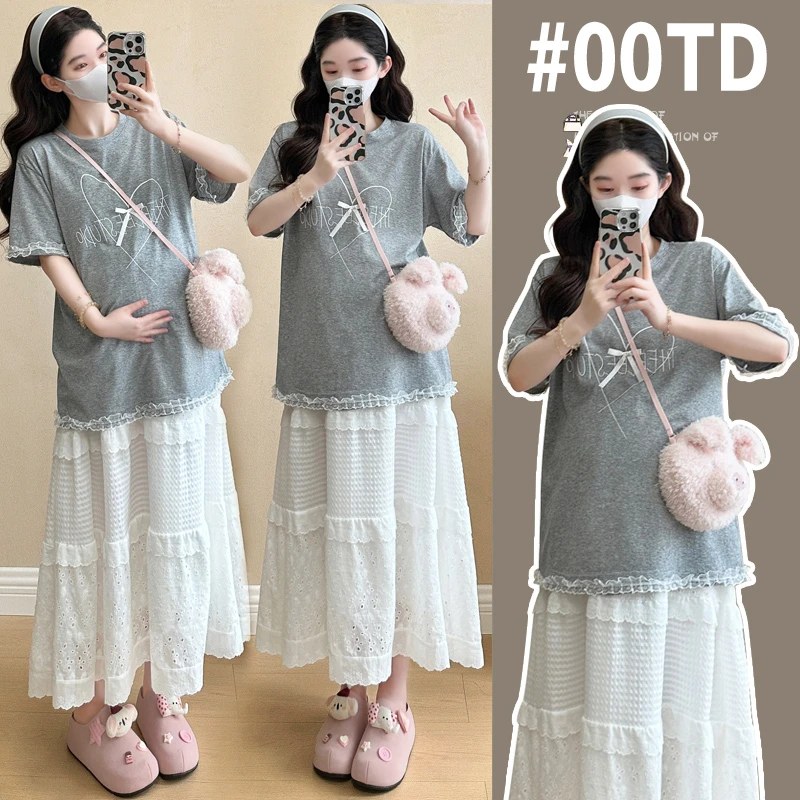 孕妇装新款爆款夏季网红风宽松上衣潮流气质蕾丝托腹半身裙两件套