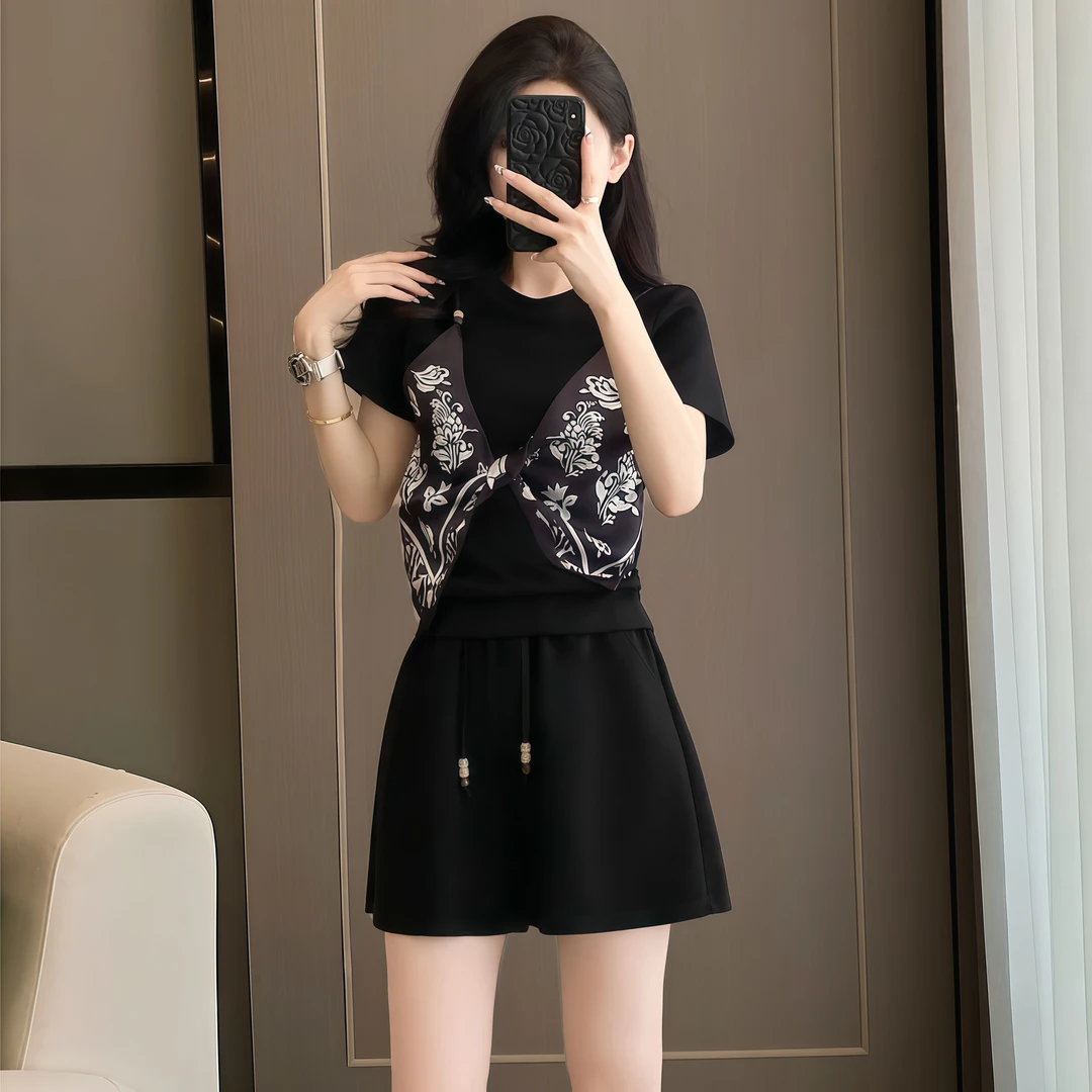 2025夏季新款假两件短袖短裤显瘦两件套穿搭一整套休闲套装女568#