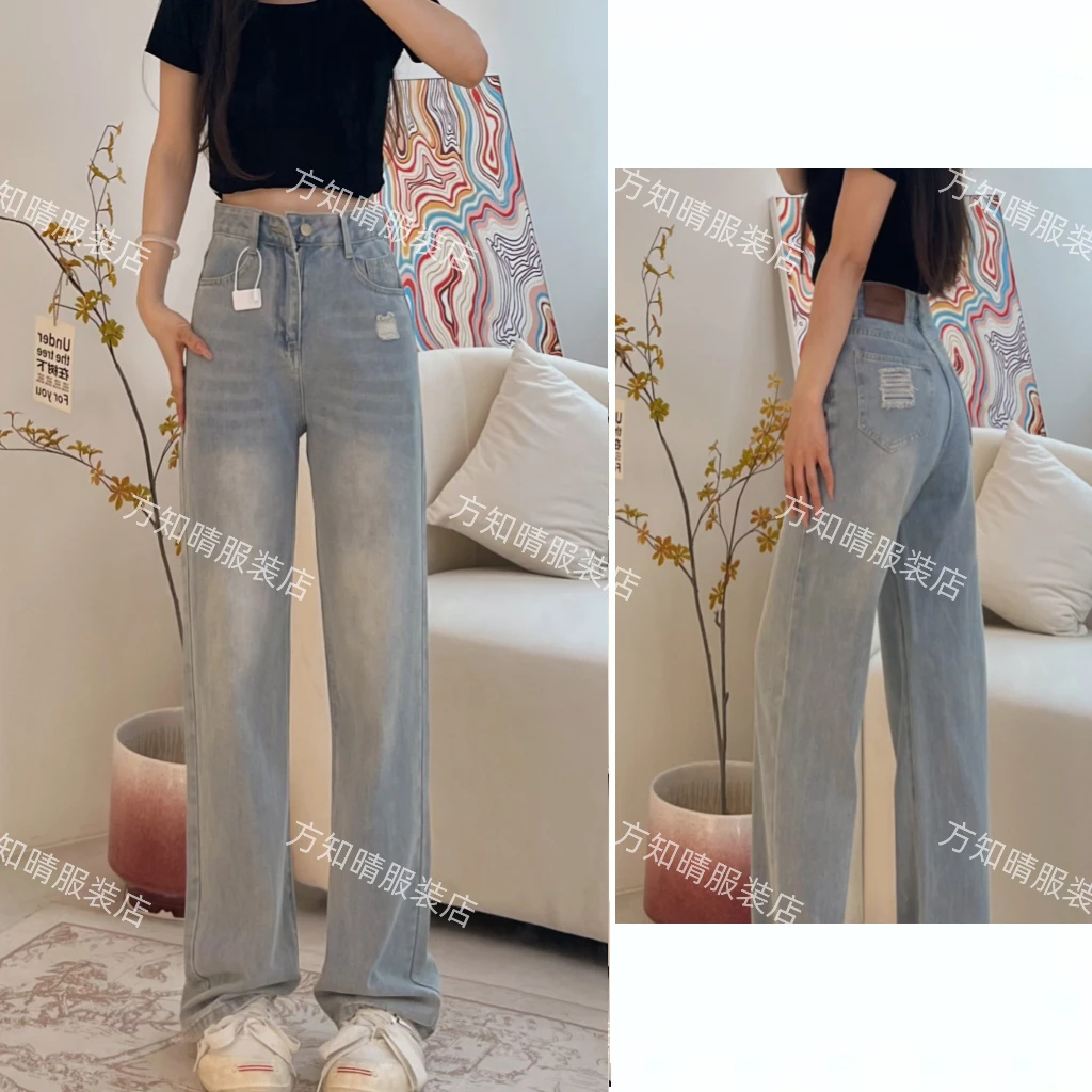 破洞2025年夏季薄款阔腿直筒宽松显瘦时尚窄版高腰垂感牛仔裤女潮