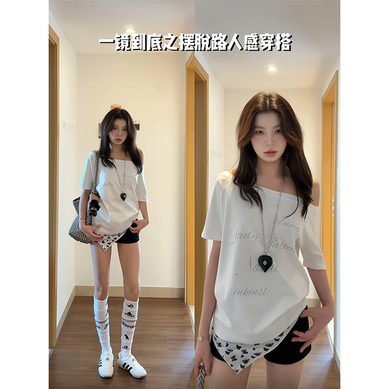 2025新款女夏季小众设计感字母印花露肩短袖T恤上衣高腰显瘦短裤