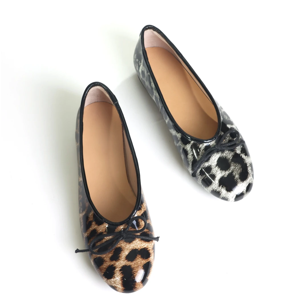 豹纹蝴蝶结浅口小单鞋牛皮手工时尚女鞋一脚蹬百搭芭蕾鞋3728-1