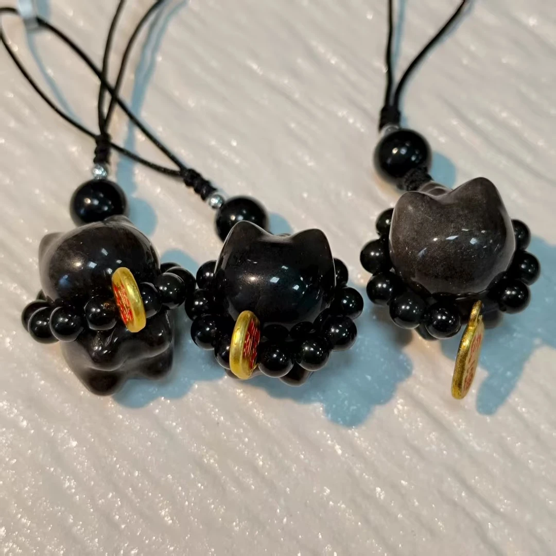 【书记甄选】银曜石招财猫手机链 多样性发一件 CC573