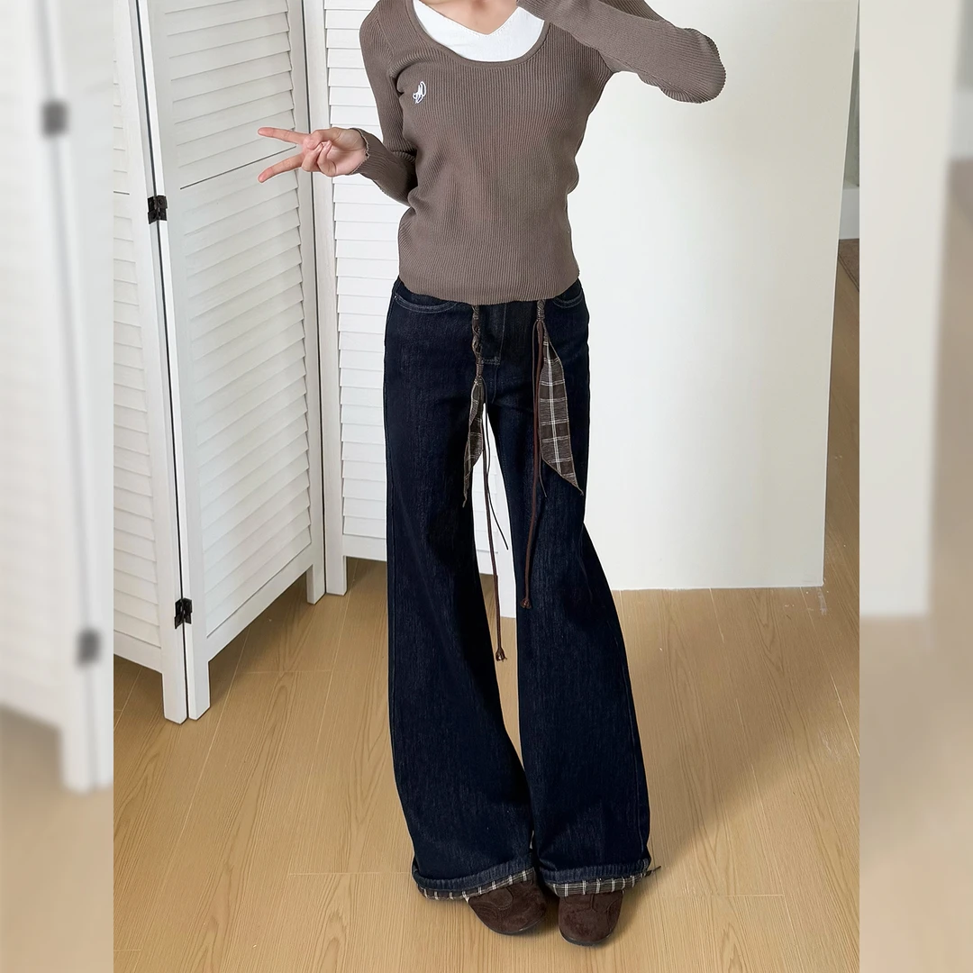 丹宁蓝拼接设计阔腿牛仔裤女2025冬季新款高腰显瘦百搭宽松直筒裤