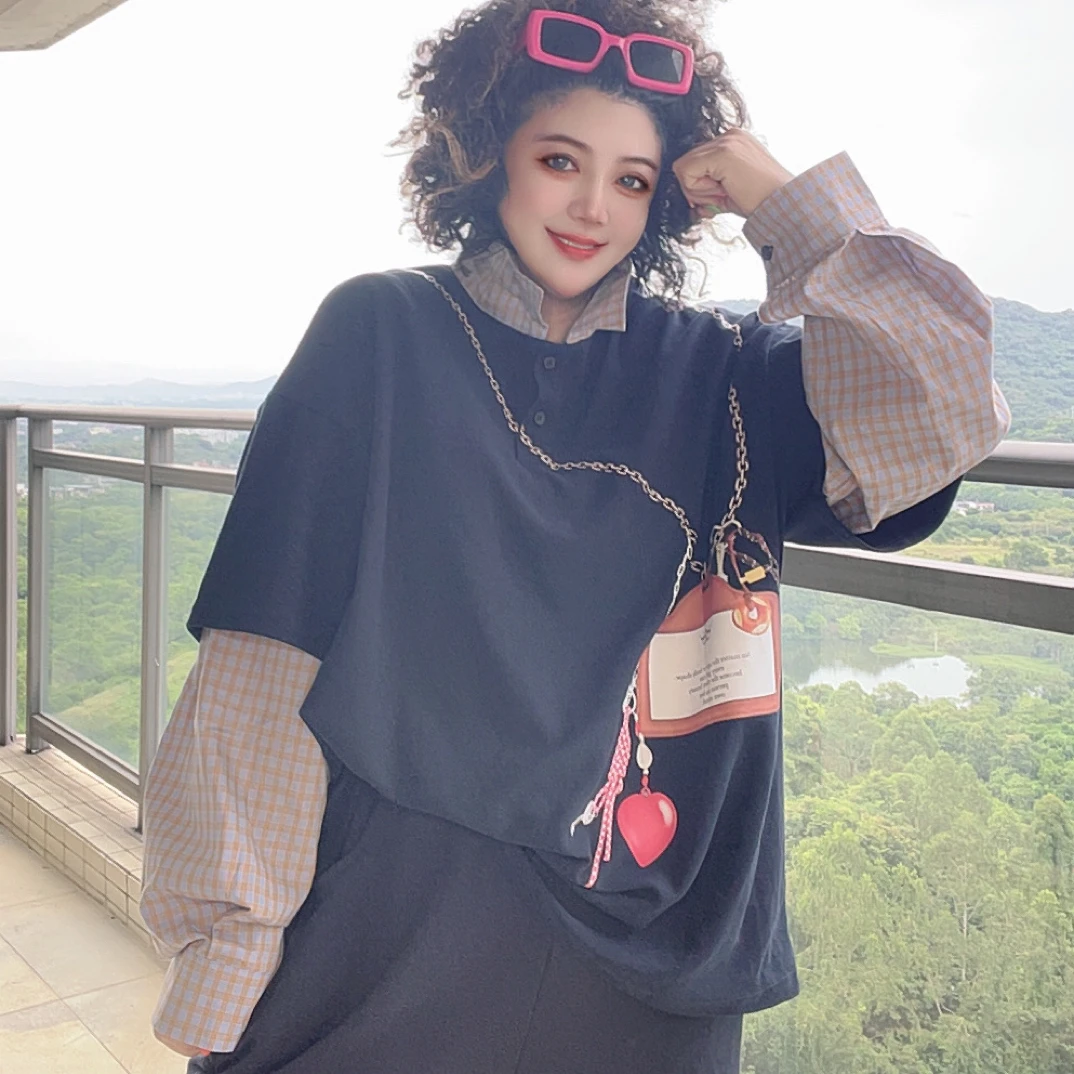 秋季长袖宽松撞色体恤