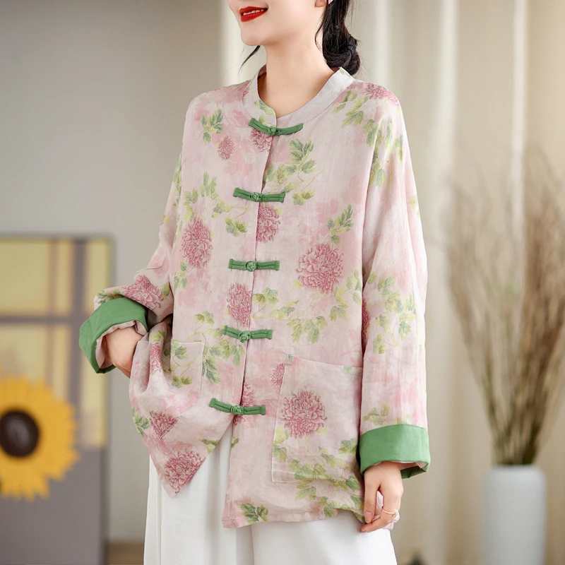 国风盘扣文艺复古防晒粉色花长袖立领衬衣新中式轻薄印花上衣外套