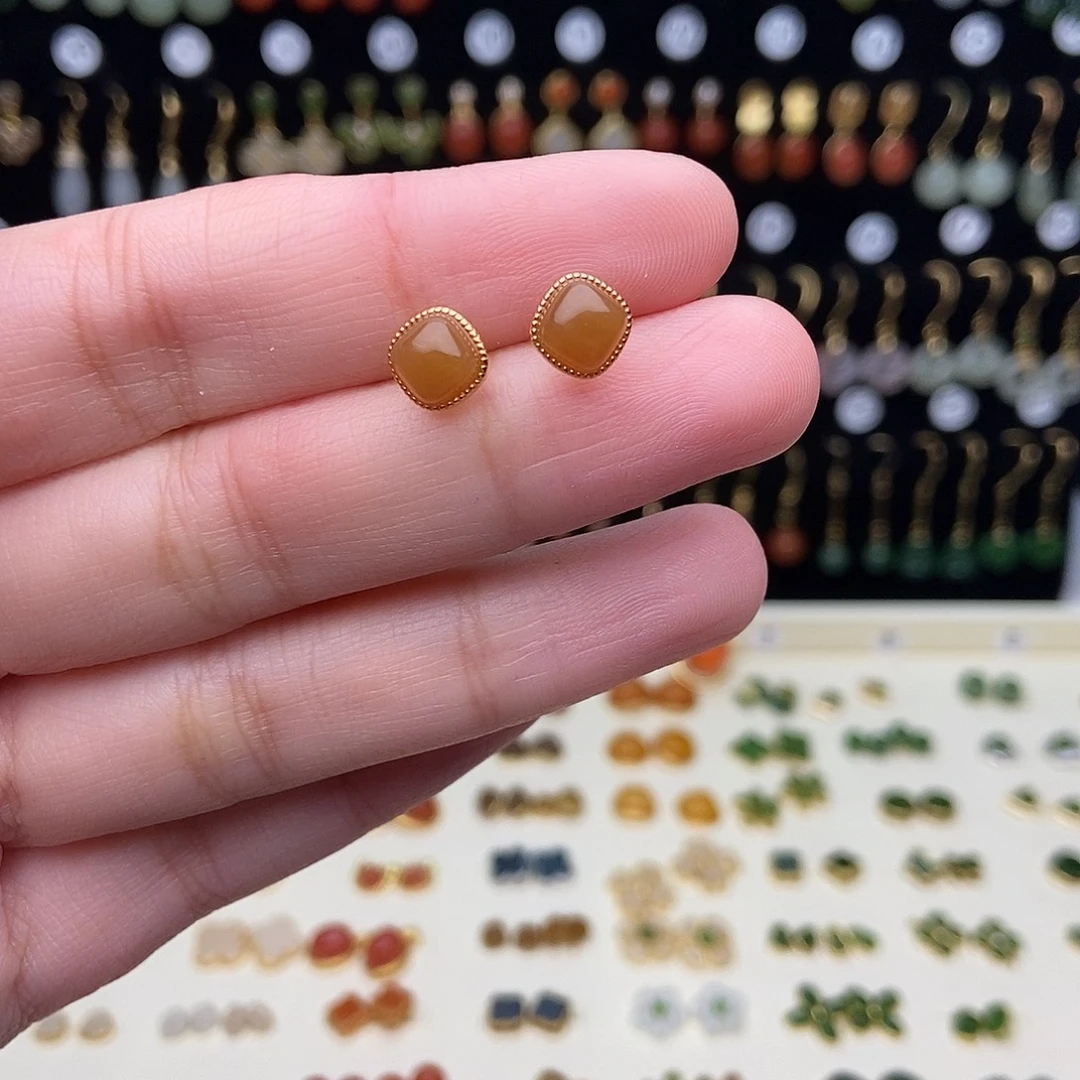 和田玉银S925镀金镶嵌耳饰