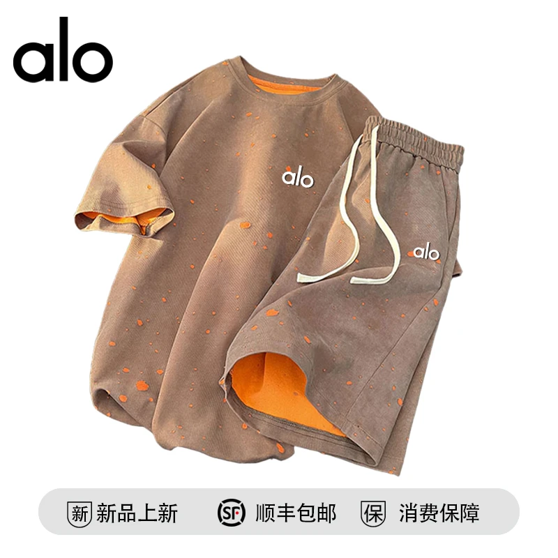 【官方奥特莱斯】品牌折扣 夏季美式潮牌破洞短袖短裤休闲套装男